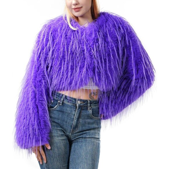 Women's Faux Fur Coat Purple Slim Cropped Fuzzy Fluffy Fall Winter Jacket - Picture 1 of 5
